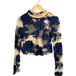 Akira Chicago Red Label Sheer Applique Crop Top | Nude & Navy | SIZE L